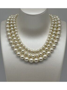 Vintage 3 Strand Graduated Faux Pearl Necklace Gold Tone Unsigned J Hook Clasp